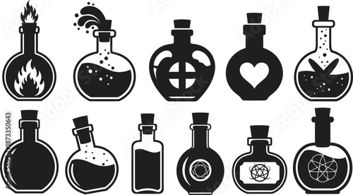 Collection of black and white potion bottles with various symbols and contents
