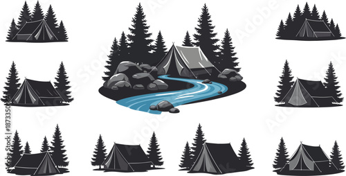 Serene forest landscape with tent and river illustrations