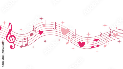 A whimsical and romantic musical staff adorned with a flowing wave of pink and red hearts, stars, and musical notes, symbolizing love and music.