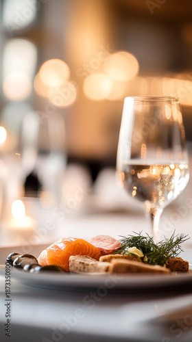 Elegant dining table with gourmet food and wine glass in background  