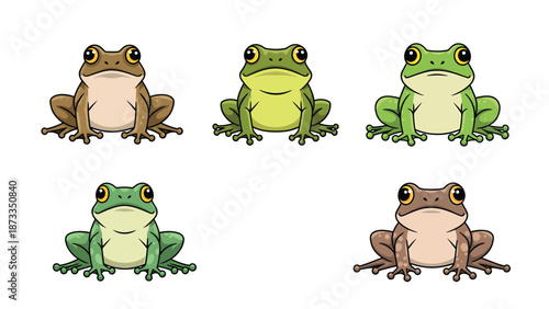 Cute Cartoon Frogs Set. Various Amphibian Characters in Green and Brown. Isolated on White Background.
