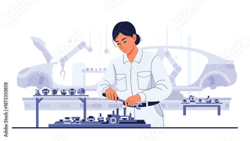 A focused female technician in a white coat meticulously assembling components on a workstation in an automotive factory, with car frames and robotic arms in the background.