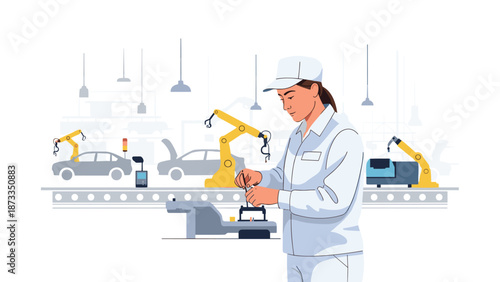 A diligent female worker in a clean uniform inspecting components on a conveyor belt in an automotive assembly plant, surrounded by robotic machinery and car bodies.