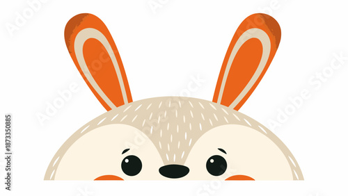 A playful bunny peeking from behind with big eyes and orange ears on white