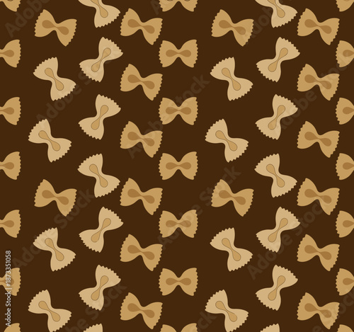 Seamless pattern of farfalle pasta shapes in beige and brown a dark brown background noodle