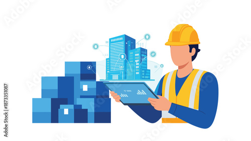 An engineer in a hard hat and safety vest reviewing data on a tablet, overseeing smart city construction and logistics.