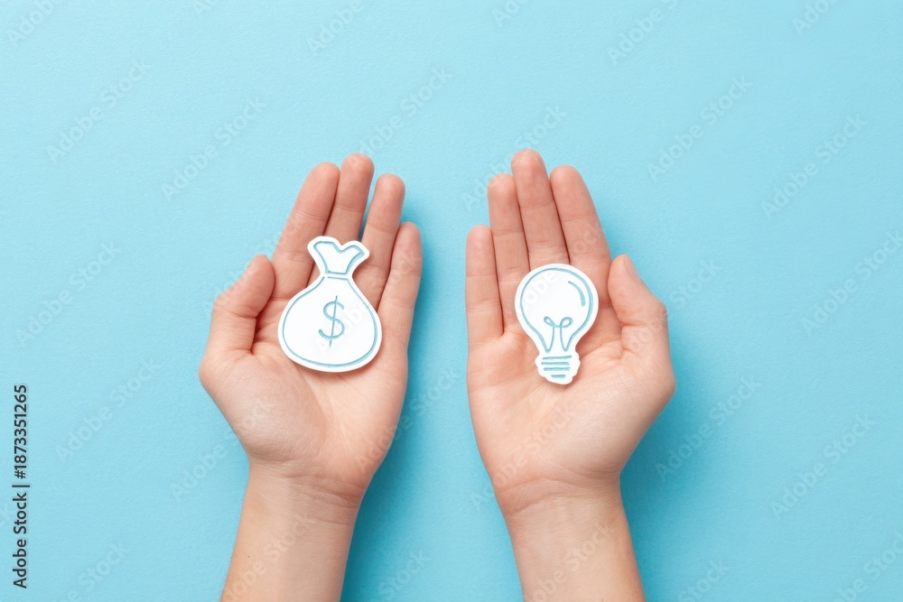 Hands holding money bag and light bulb icons, representing finance and innovation concepts, with a soft blue background enhancing the visual appeal and thematic relevance