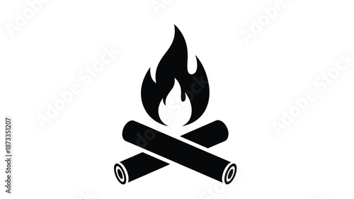 Simple black and white illustration of a campfire with crossed logs and flames