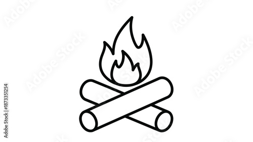 Simple black and white line drawing of a campfire with burning flames and logs