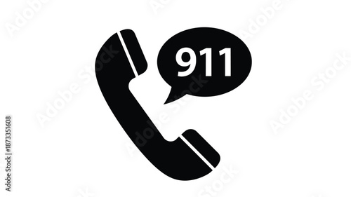 Black silhouette of a telephone handset with the emergency number 911 prominently displayed