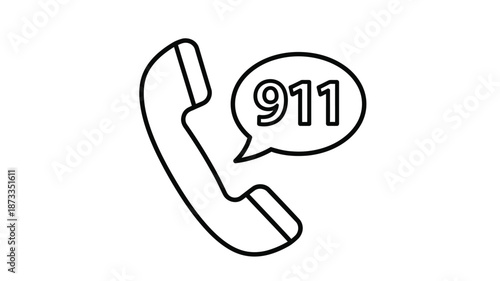 Simple black and white line drawing of a telephone with the number 911 in a speech bubble