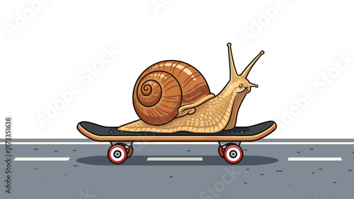 A cheerful snail happily riding a skateboard down a paved road, depicting a humorous and unexpected take on speed, movement, and enjoying life.