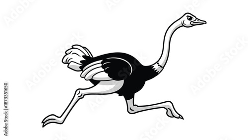 Running Ostrich Cartoon Illustration - Dynamic Black and White Vector of Fast African Bird