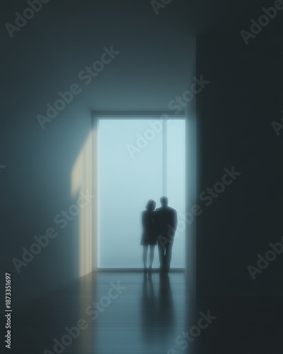 Silhouettes embrace in a minimalist space under soft light at dusk