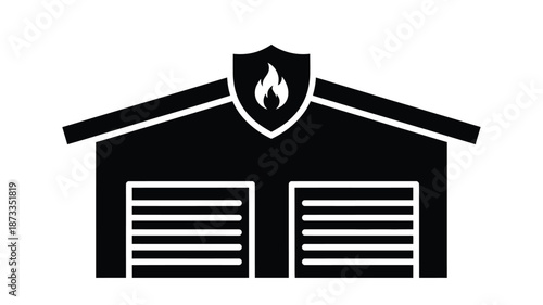 Simple black and white illustration of a house with a shield and flame symbol