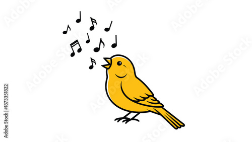 Joyful yellow bird singing with musical notes. Cartoon illustration of a happy bird chirping a melody.