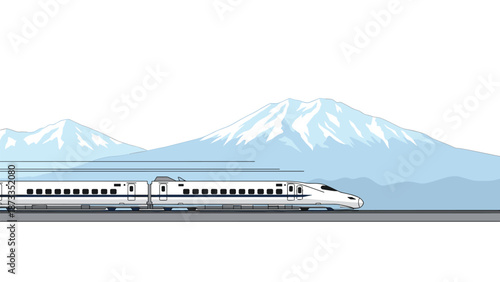 A sleek white bullet train speeding across a track with snowy mountains in the background, symbolizing modern travel, efficiency, and high-speed transportation.
