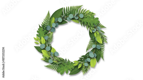 Circular wreath of green leaves and foliage forming a natural decorative ring.