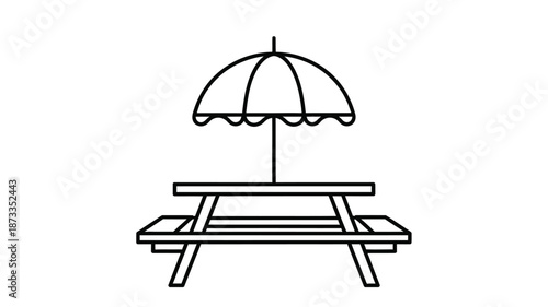 A simple black and white line drawing depicts a picnic table with an umbrella above