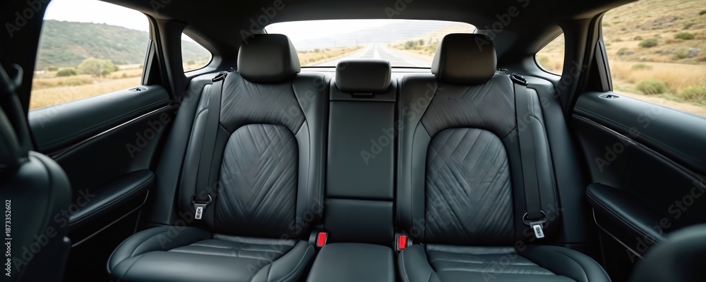 Obraz premium Black leather car back seats. Interior of luxury vehicle design. Seats with stitched pattern provide comfort. Modern auto transport. Journey along road at the background.