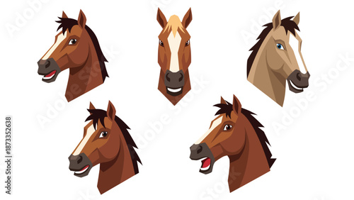 Collection of stylized horse heads vector illustration. Cute cartoon equestrian animal faces in various poses, graphic design elements.