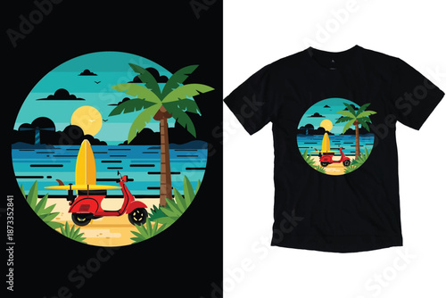 Retro Red Scooter With Surfboard On Tropical Beach t-shirt design Vector Illustration print