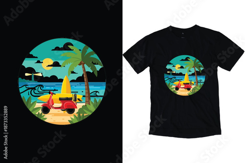 Retro Red Scooter With Surfboard On Tropical Beach t-shirt design Vector Illustration print
