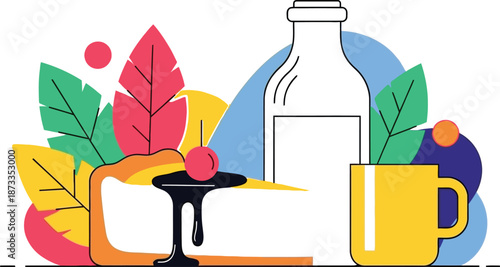 Vector flat illustration of breakfast set with cheesecake slice coffee mug and water bottle on white background