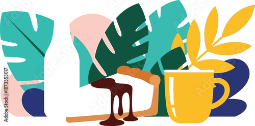 Vector flat illustration of breakfast set with cheesecake slice coffee mug and water bottle on white background