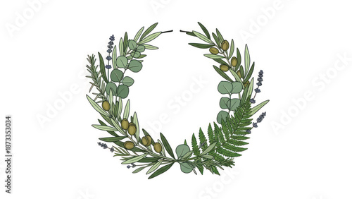 Decorative green laurel wreath design with leafy branches for ornament and branding.