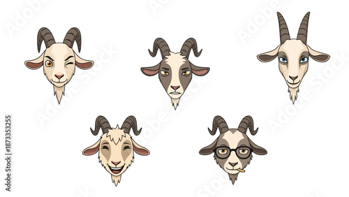 Cute cartoon goat faces set with diverse expressions. Vector illustrations of farm animals isolated on white.