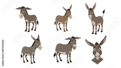 Vector illustration set of friendly cartoon donkeys in diverse poses and expressions on white background