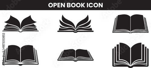 Various black and white open book icons displayed in a grid arrangement