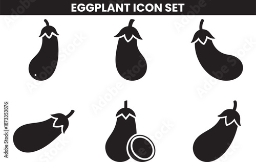 Simple eggplant icon set displaying various shapes and sliced views