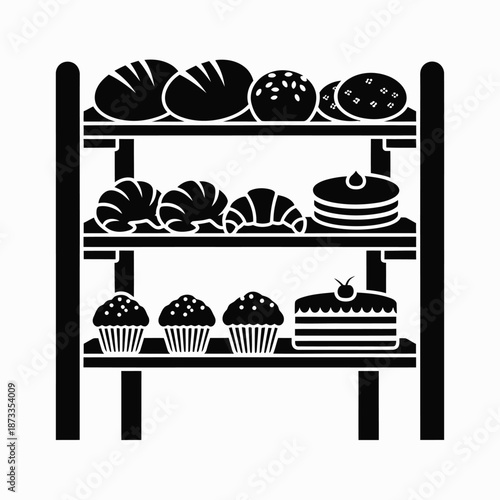 A delightful display of fresh baked goods including bread, croissants, cakes, and cupcakes on a bakery shelf