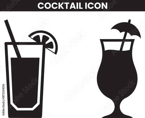 Two black and white cocktail icons one with a lemon and umbrella