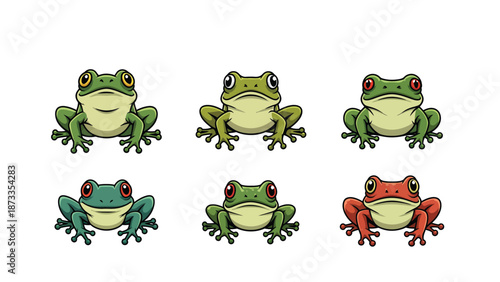 Cute Cartoon Frogs Collection. Set of colorful amphibian illustrations with various expressions on white.