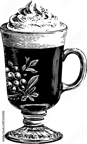 Hand-drawn Irish coffee with whipped cream in etched glass on white background.