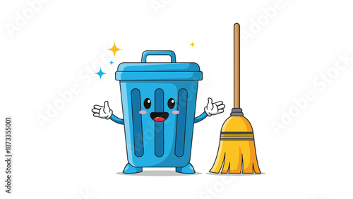 Cute blue trash can character with a smiling face standing next to a yellow broom for cleaning and hygiene concepts.