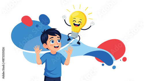 Young boy looking up in surprise and excitement as a bright yellow lightbulb character with a face jumps above him.