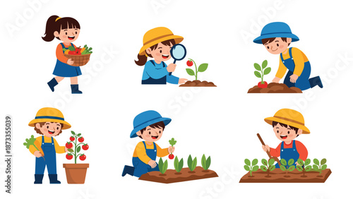 Collection of diverse children engaged in various gardening activities like planting, watering, and harvesting fresh vegetables.