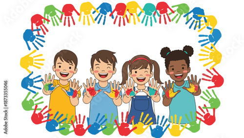 Group of happy children showing their hands covered in colorful paint surrounded by a border of multicolored handprints.