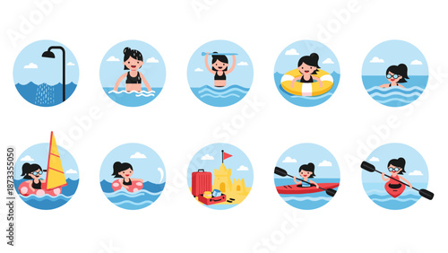 Set of circular icons showing various summer water activities like swimming, surfing, kayaking, and building sandcastles.