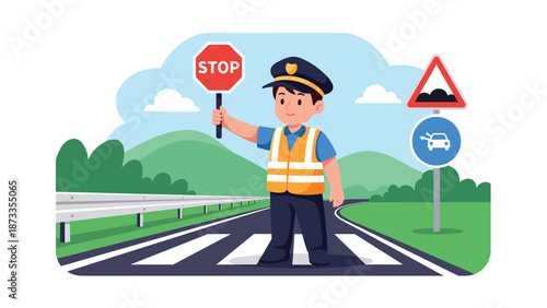 Young boy dressed as a crossing guard holding a stop sign while standing on a crosswalk with traffic signs in the background.