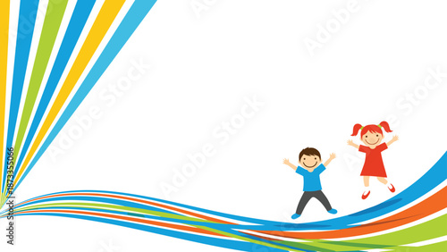 Happy boy and girl jumping for joy in a bright white space decorated with colorful flowing lines in the background.