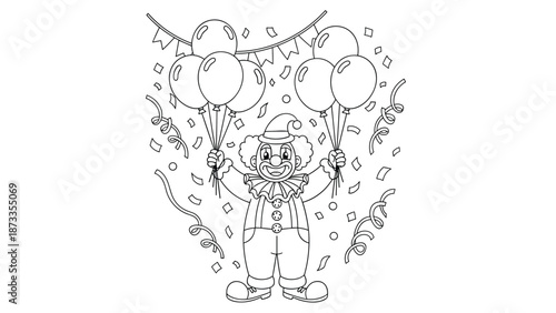 Black and white line art of a happy circus clown holding bunches of balloons surrounded by confetti and streamers for coloring.