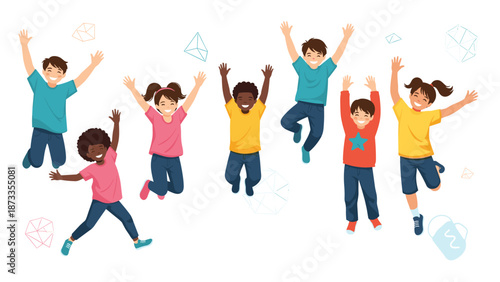 Dynamic group of diverse children jumping high with joy against a white background with abstract geometric shapes.