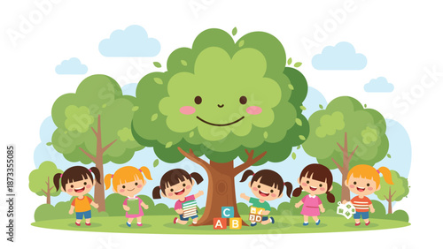 Group of happy young girls playing under a large tree with a smiling face in a peaceful green park with blue clouds.
