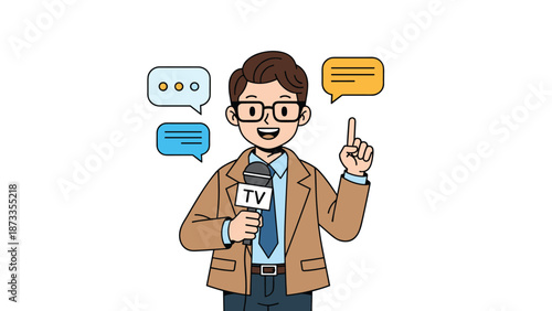 Friendly male news reporter wearing glasses and a brown jacket holding a microphone with a tv logo and speech bubbles for commentary.