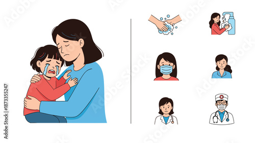 Supportive mother comforting her crying young daughter next to a set of hygiene icons showing hand washing and wearing medical masks.